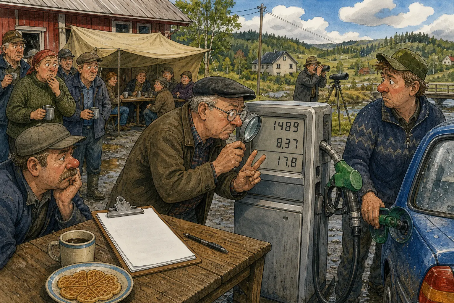 Tegnet hovedmotiv til saken Bensinprisen datt under femten ved Bakomberg-pumpa: Mandag klokka 10.43 ble bensinprisen ved Bakomberg-pumpa observert under femten kroner literen. Motivet knytter saken til Oddvar «Klypa» Hamre, Snublefri Bakomberg Drift og Bakomberg Velforening for Uvedkommende Saker.