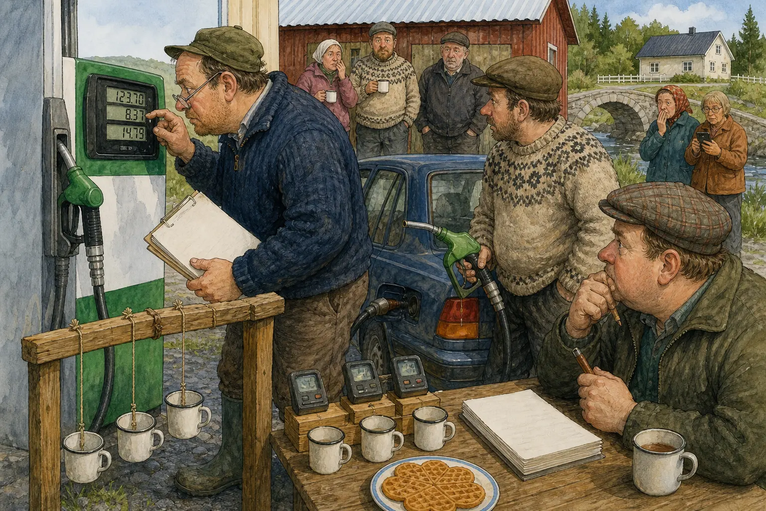 Tegnet støttemotiv til saken Bensinprisen datt under femten ved Bakomberg-pumpa: Mandag klokka 10.43 ble bensinprisen ved Bakomberg-pumpa observert under femten kroner literen. Motivet knytter saken til Oddvar «Klypa» Hamre, Snublefri Bakomberg Drift og Bakomberg Velforening for Uvedkommende Saker.