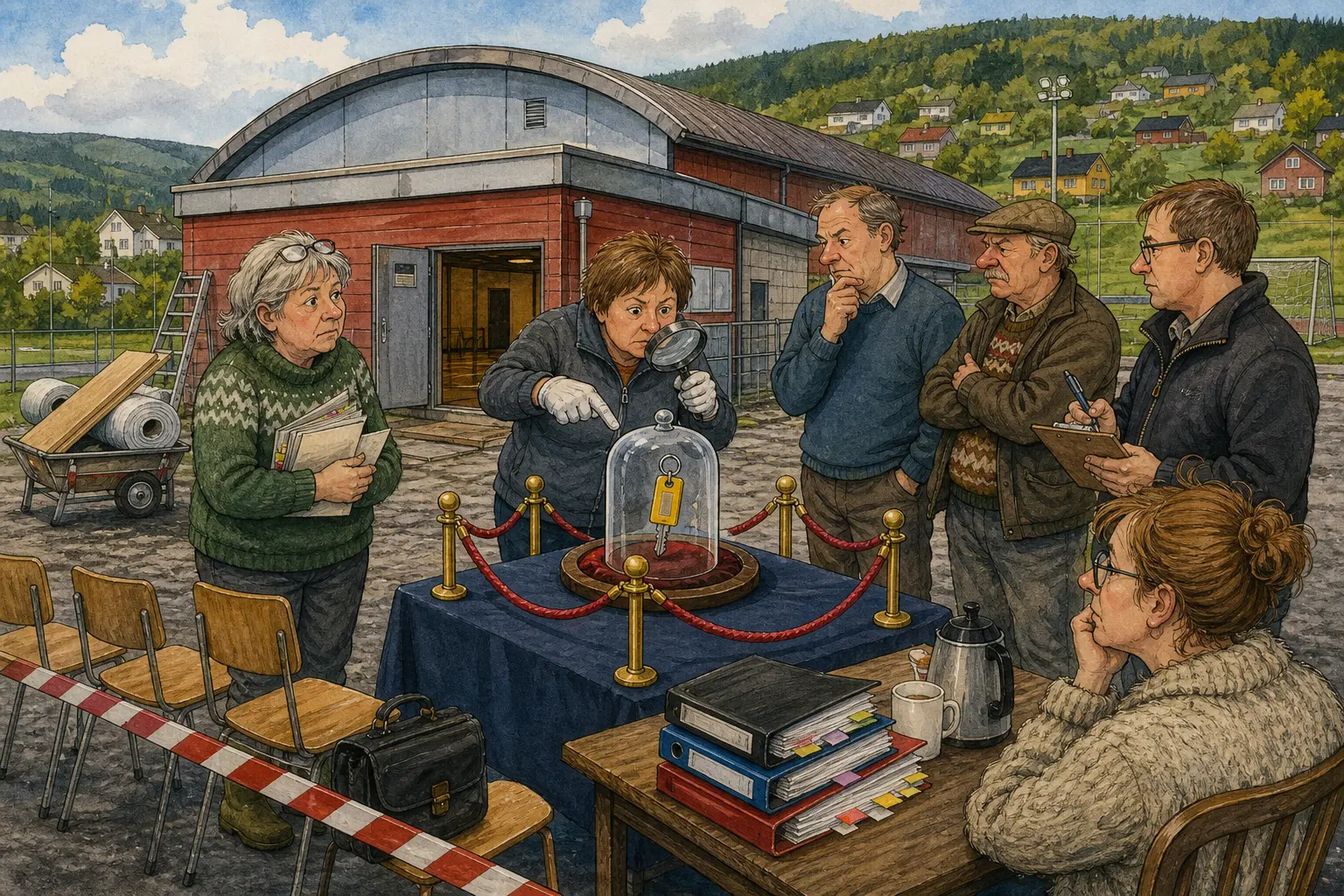 Tegnet hovedmotiv til saken Milliondryss te hallen stoppa ved gul nøkkelbrikke: Gulv, lys og garderober sto på lista da oppgraderinga av Bakomberghallen skulle fordeles. Motivet knytter saken til Oddny Hårstad og Solrun Mørken.