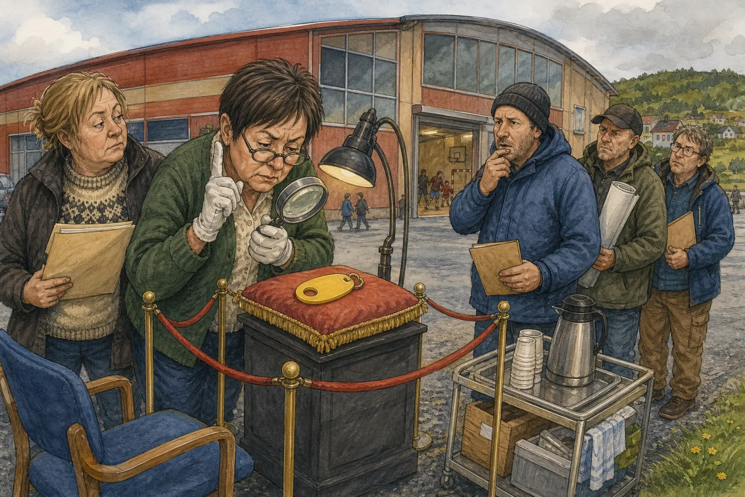 Tegnet støttemotiv til saken Milliondryss te hallen stoppa ved gul nøkkelbrikke: Gulv, lys og garderober sto på lista da oppgraderinga av Bakomberghallen skulle fordeles. Motivet knytter saken til Oddny Hårstad og Solrun Mørken.