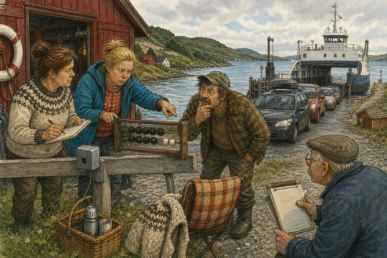 Tegnet hovedmotiv til saken Fergekø-varsel teller 2,7 biler ved Bakombergvika: Fra månedsskiftet får Bakombergvika fergeleie digital køvarsling. Motivet knytter saken til Hågensens Nød- og Reservehandel, Lufteluka ved Arkivtrappa og Bakomberg Hjelpekorps for Nestenulykker.