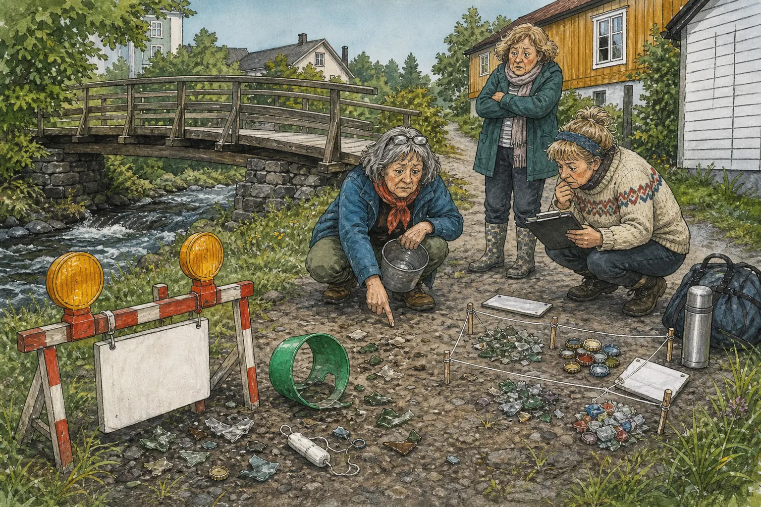 Tegnet hovedmotiv til saken Glasskår funnet på beinvegen ved Gamle Melkebrua: Den skiltede snarvegen mellom Gamle Melkebrua og baksida av Nattlokket er opptelt for glasskår, plast og kapsler. Motivet knytter saken til Olava Nøkkeldal, Gamle Melkebrua ved Svingstadbekken og Nattlokket Suppestue & Formiddagskafé.