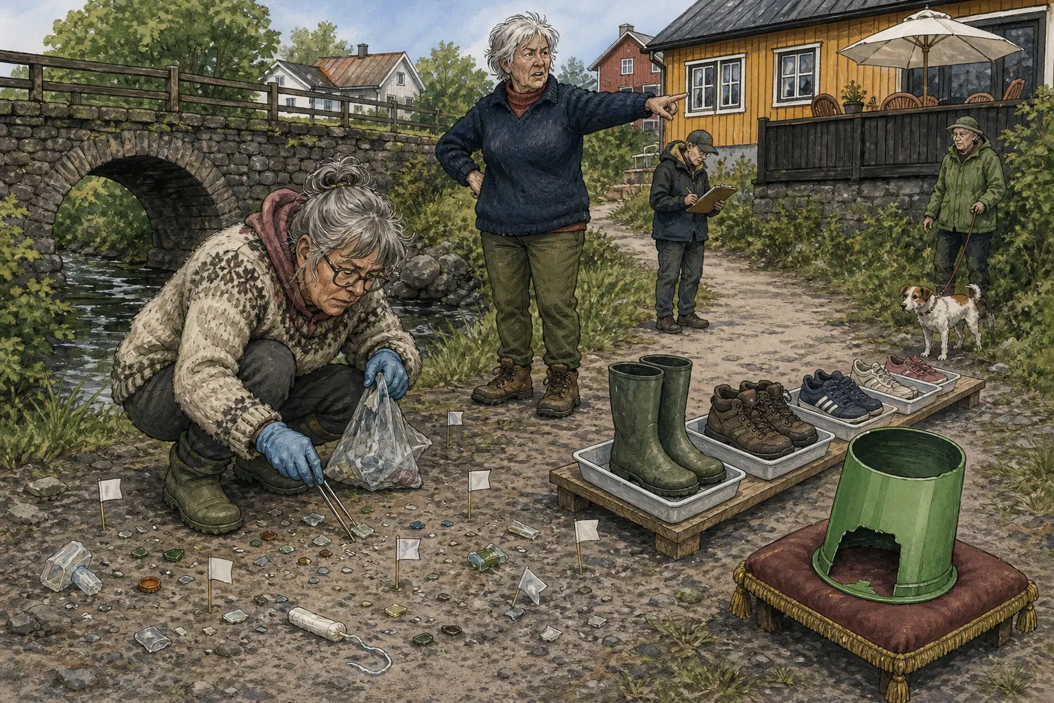 Tegnet støttemotiv til saken Glasskår funnet på beinvegen ved Gamle Melkebrua: Den skiltede snarvegen mellom Gamle Melkebrua og baksida av Nattlokket er opptelt for glasskår, plast og kapsler. Motivet knytter saken til Olava Nøkkeldal, Gamle Melkebrua ved Svingstadbekken og Nattlokket Suppestue & Formiddagskafé.