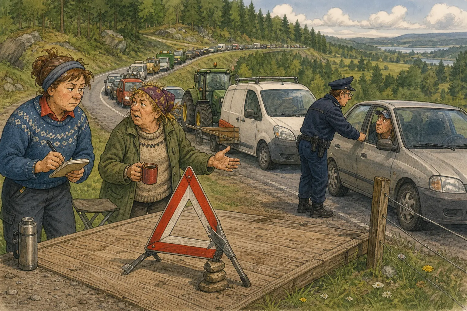 Tegnet hovedmotiv til saken Køa sto bortpå mjølkerampa etter politistans: Da politiet stanset én bilist ved mjølkerampa, strakte køen seg ned mot Vater & Vrang AS.