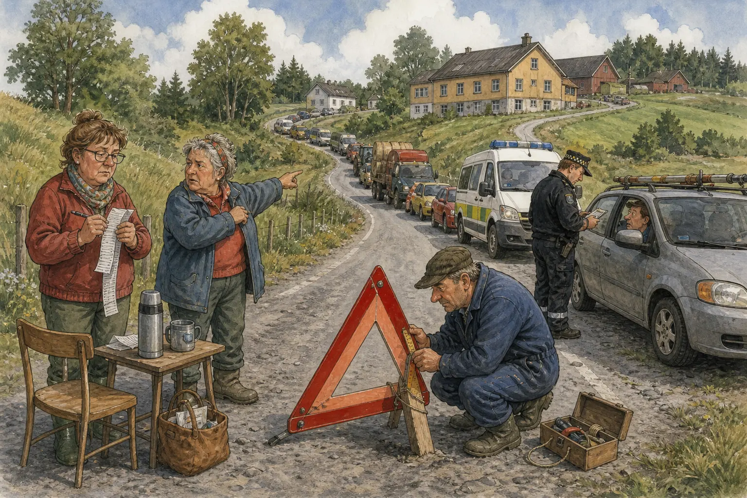 Tegnet støttemotiv til saken Køa sto bortpå mjølkerampa etter politistans: Da politiet stanset én bilist ved mjølkerampa, strakte køen seg ned mot Vater & Vrang AS.