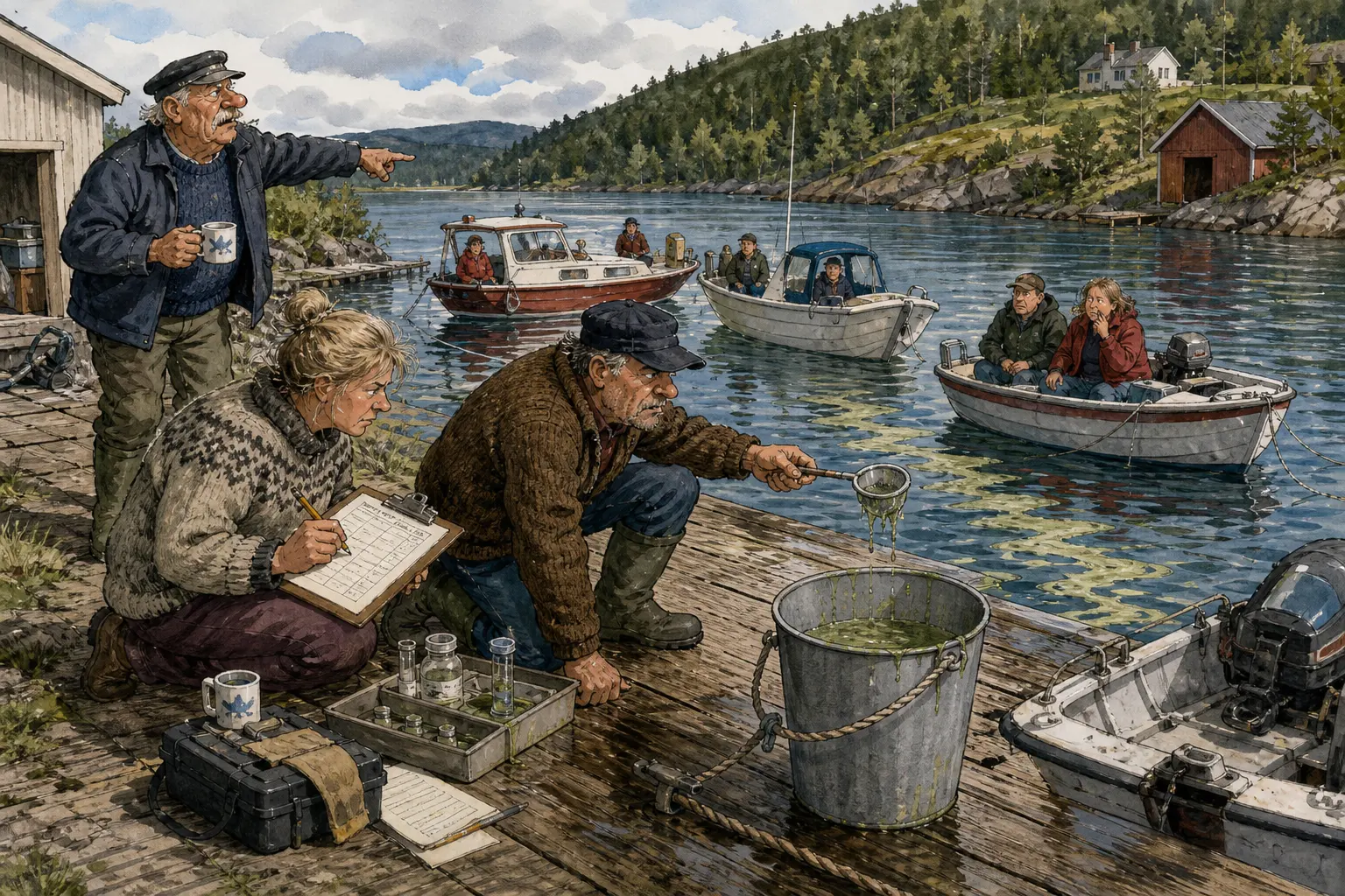 Tegnet hovedmotiv til saken Luktbøtte satt ut for stinkeflak: Snublefri Bakomberg Drift følger det ufarlige flaket fra bryggekanten med hov, blyant og skjema.