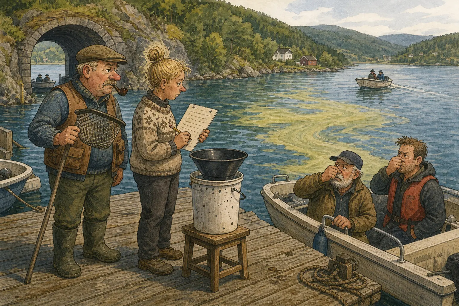 Tegnet støttemotiv til saken Luktbøtte satt ut for stinkeflak: Snublefri Bakomberg Drift følger det ufarlige flaket fra bryggekanten med hov, blyant og skjema.