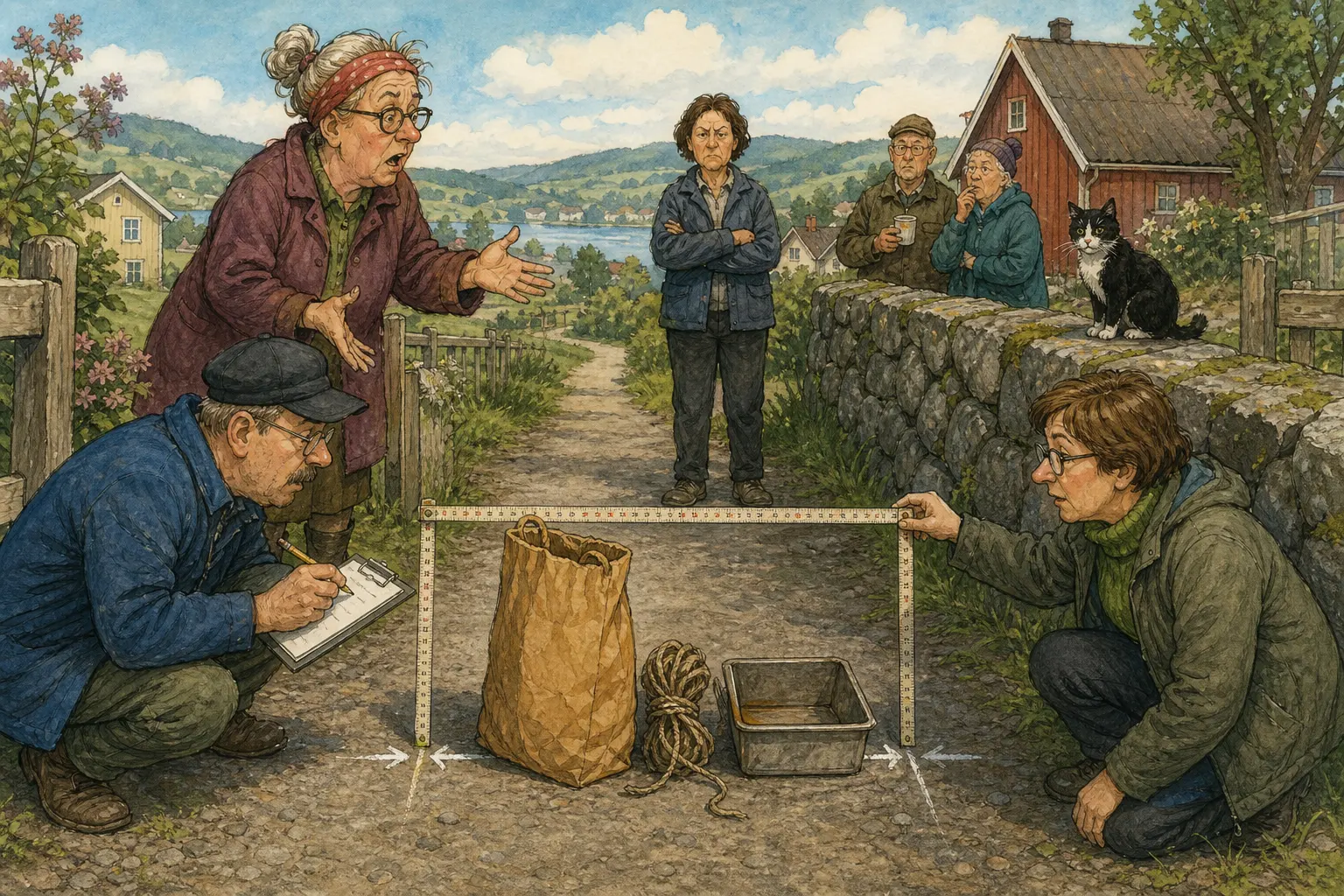 Tegnet hovedmotiv til saken Brødform stengte litt ved Brustadbakken: En brun papirpose, en hyssingstump og ei brødform måtte forklares etter at Ragna Kvilemoen tok velmente råd bokstavelig i Hjertesvingen bak rutetavla.