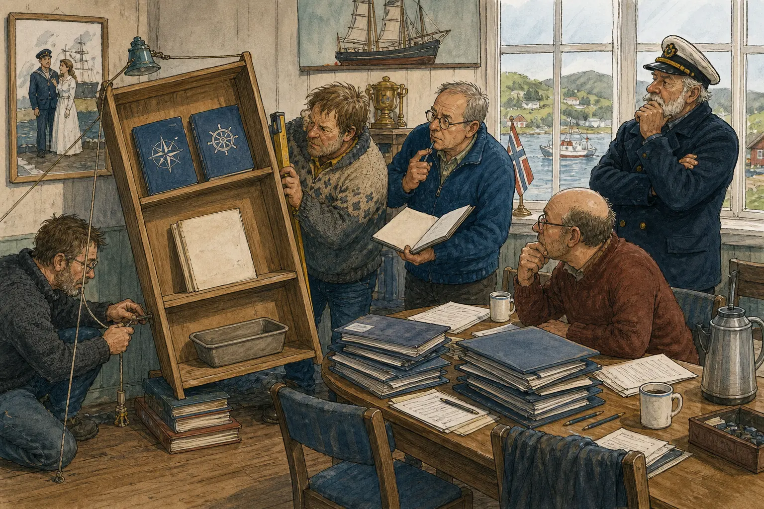 Tegnet hovedmotiv til saken Temahylle for ekteskap og skipsfart prøves ved Brustadbakken: To navigasjonshefter, ei bryllupsbok uten omslag og ei brødform er satt i midlertidig orden. Motivet knytter saken til Bjarte Lunheim, Ludvik Bremnes og Mellomromsmagasinet ved Brustadbakken.