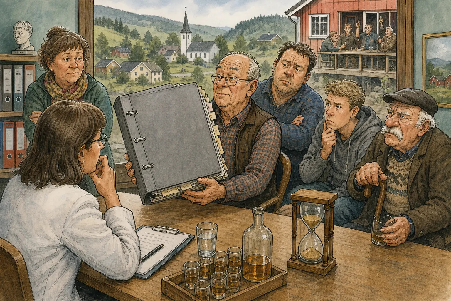 Tegnet støttemotiv til saken Slektspermen ga psykiateren ett råd: Den grå permen merket «Familie – revidert etter fars vielse» forklarer hvorfor en mann i Bakomberg mente drikkinga hadde fått et visst administrativt grunnlag. Motivet knytter saken til Ragna Kvilemoen, Gruslomma ved Nedre Bommen og Nattlokket Suppestue & Formiddagskafé.