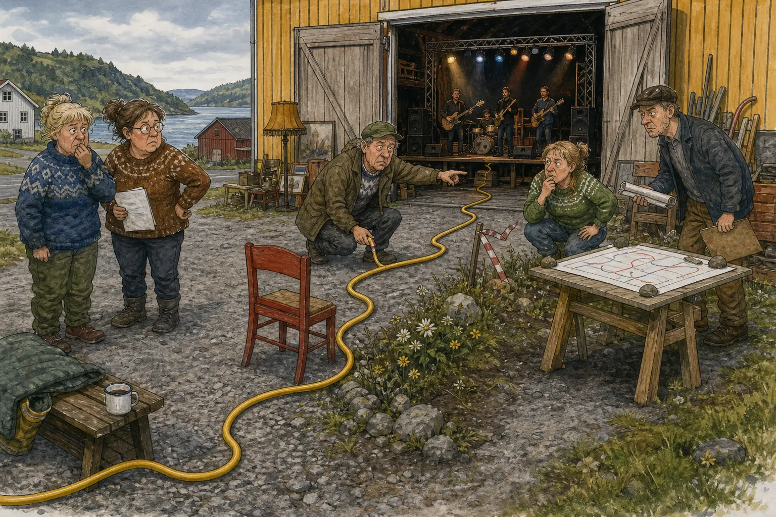 Tegnet hovedmotiv til saken Første konsert får 47 meter ledning: Bakomberg får sitt første større utearrangement på privat område når bakplassen ved lagerdøra blir konsertarena. Motivet knytter saken til Signe Brottveit, Skuffefunn & Etterlatenskaper A/S og Mildrid Klyvnes.