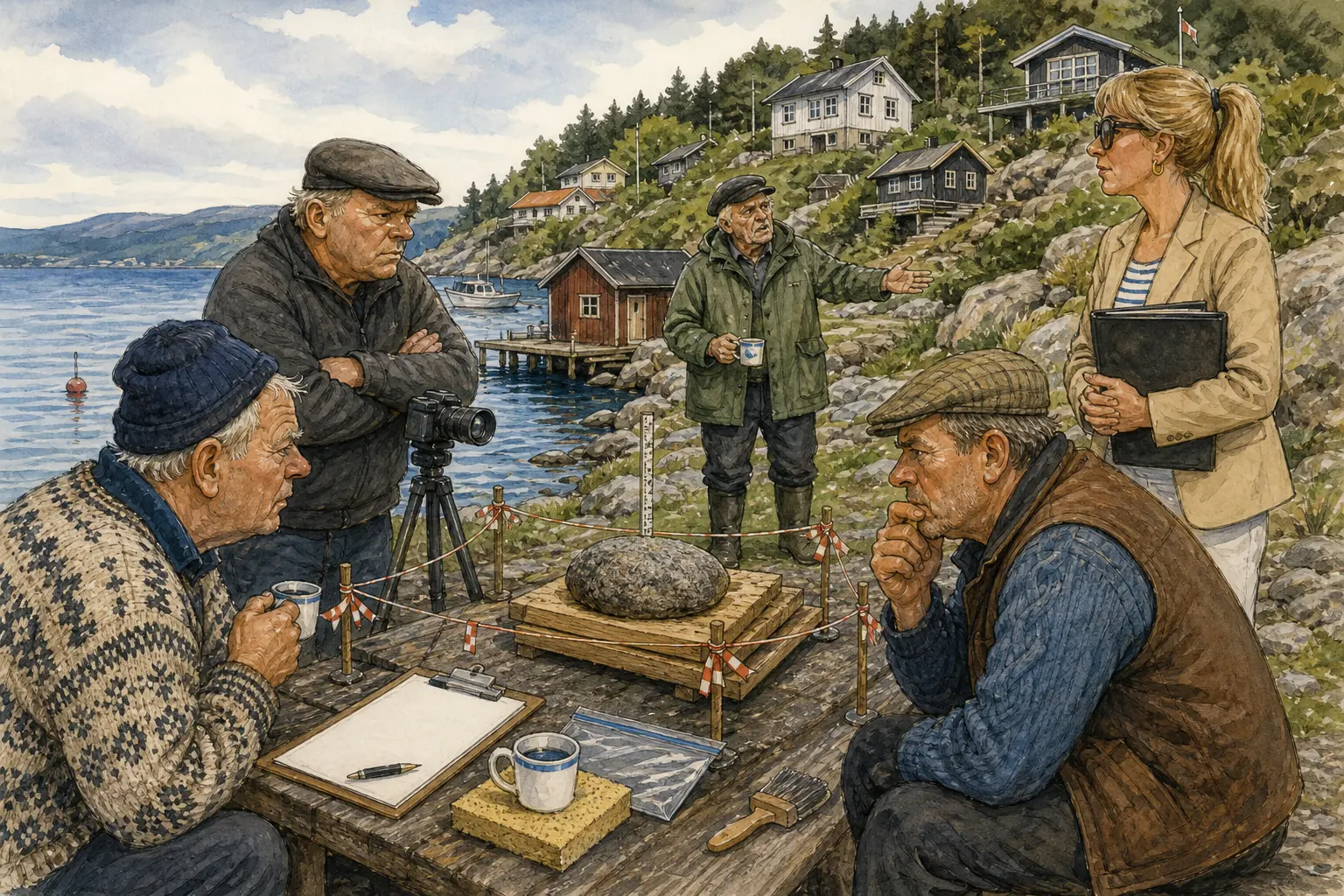 Tegnet hovedmotiv til saken Ny strandtomt solgt i Bakombergvika: Kaffestein skaper uro: Etter nytt salg av strandnær fritidseiendom i Bakombergvika handler etterspillet mindre om millionene og mer om en værslitt bryggestein på 38 centimeter. Motivet knytter saken til Bjarte Lunkevik, Ragnvald Myrvang og Bakomberg Hundeklubb for Stille Kommandoer.