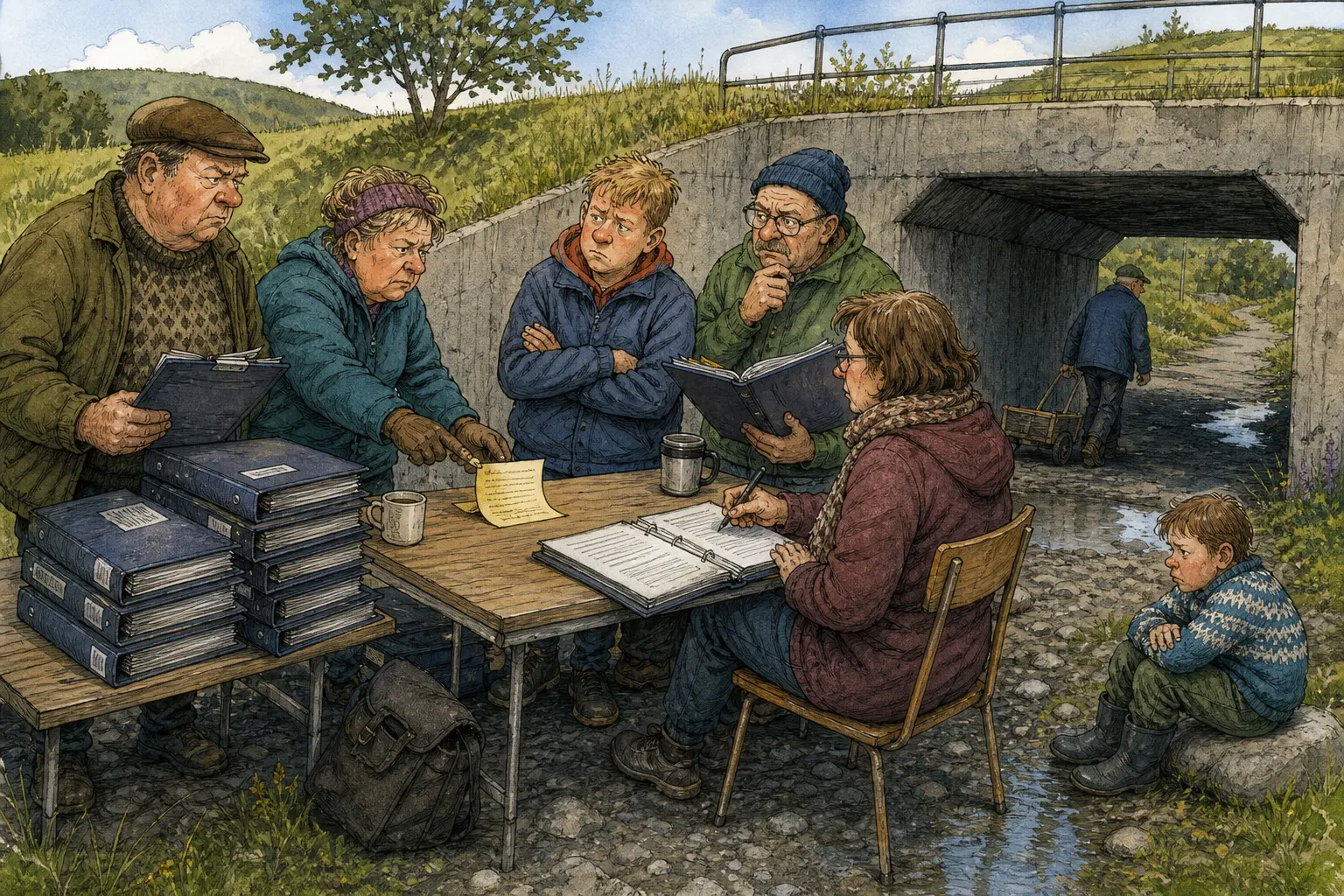 Tegnet hovedmotiv til saken NEI-lapp ga ny uro ved Skjærebrettet: Etter første hendelse fikk Mio Bråtaker beskjed om å lære seg nei. Motivet knytter saken til Skjærebrettet undergang, Mellomrommet Kafé og Brunsauslaboratorium og Bakomberg Hverdagsberedskapslag.