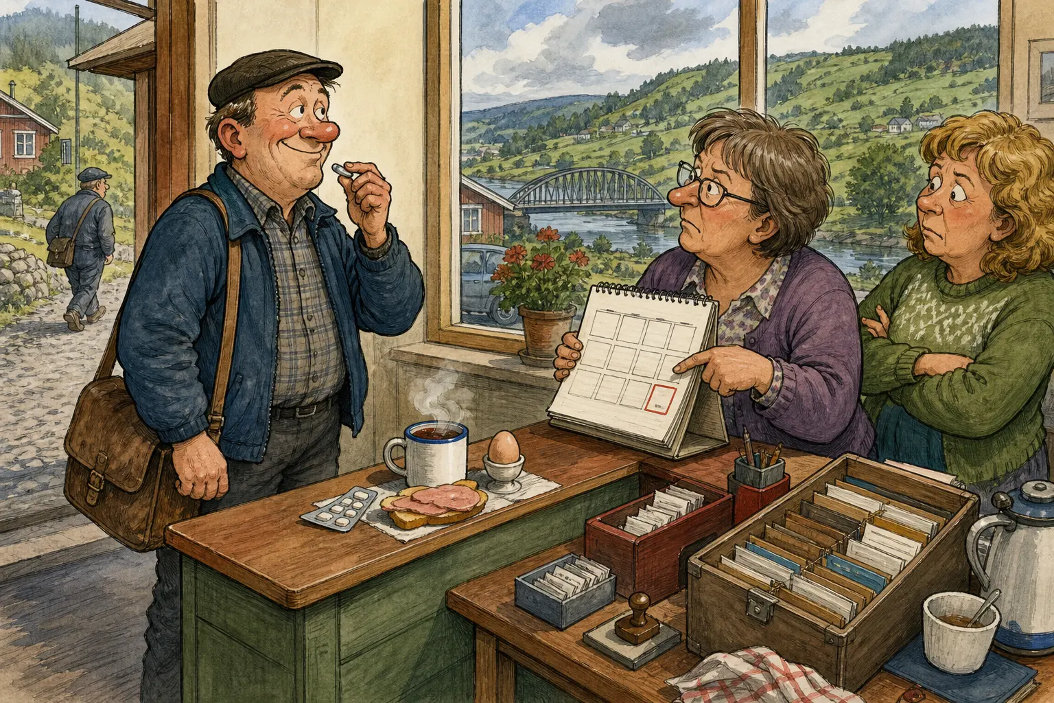 Tegnet støttemotiv til saken Oddvar møtte presis på feil dag etter pillekur: Oddvar Slaaen tok tabletten før leggetid, sov godt, åt frokost og kom blid på jobb. Motivet knytter saken til Signe Brottveit, Solveig Pallesen og Nattlokket Suppestue & Formiddagskafé.