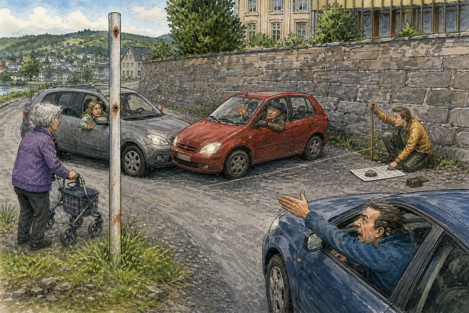 Tegnet hovedmotiv til saken Vikepliktskilt borte ved Bibliotekveggen: Den tomme skiltstolpen med to rustmerker skaper lavfart, håndtegn og gamle trafikkminner ved Bibliotekveggen. Motivet knytter saken til Varmrista ved Bibliotekveggen, Lauvvik Kvist & Kaffi og Hjørdis Melby.