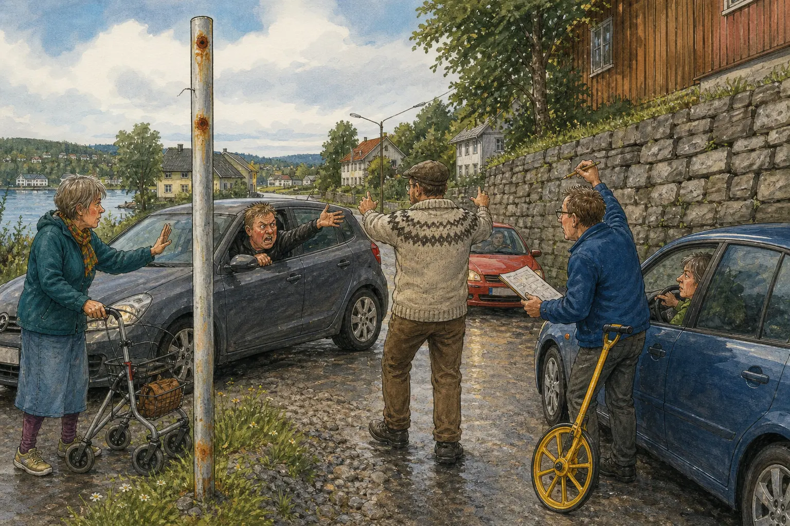 Tegnet støttemotiv til saken Vikepliktskilt borte ved Bibliotekveggen: Den tomme skiltstolpen med to rustmerker skaper lavfart, håndtegn og gamle trafikkminner ved Bibliotekveggen. Motivet knytter saken til Varmrista ved Bibliotekveggen, Lauvvik Kvist & Kaffi og Hjørdis Melby.