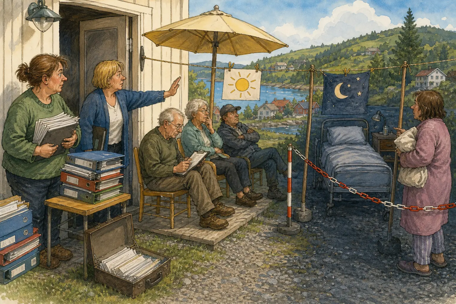 Tegnet hovedmotiv til saken Bakomberg tar daglegevakt, men itte natta: Helseutvalget sier ja til daglegevakt for Framnesvika mellom 08.30 og 15.15, men avgrenser ordninga før kvelden. Motivet knytter saken til Signe Brottveit, Nattlokket Suppestue & Formiddagskafé og Bakomberg Sanitetslag for Milde Tilfeller.