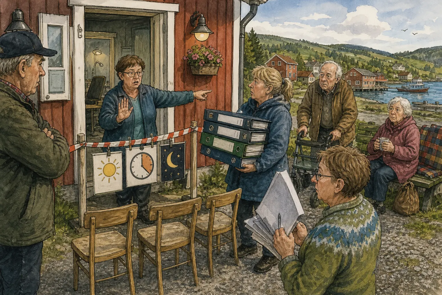 Tegnet støttemotiv til saken Bakomberg tar daglegevakt, men itte natta: Helseutvalget sier ja til daglegevakt for Framnesvika mellom 08.30 og 15.15, men avgrenser ordninga før kvelden. Motivet knytter saken til Signe Brottveit, Nattlokket Suppestue & Formiddagskafé og Bakomberg Sanitetslag for Milde Tilfeller.