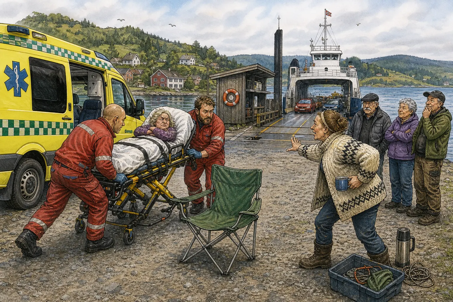 Tegnet hovedmotiv til saken Ambulanse måtte rundt campingstol ved ferjeleiet: Bakomberg-ambulansen rykket ut til ferjeleiet etter melding om ei dame som var kraftig tydelig. Motivet knytter saken til Gunvor «Lånkelyd» Brennhaug, Bakomberg Varslingslag for Rykter og Riktig Rekkefølge og Kysseskiltet ved ferjeleiet.