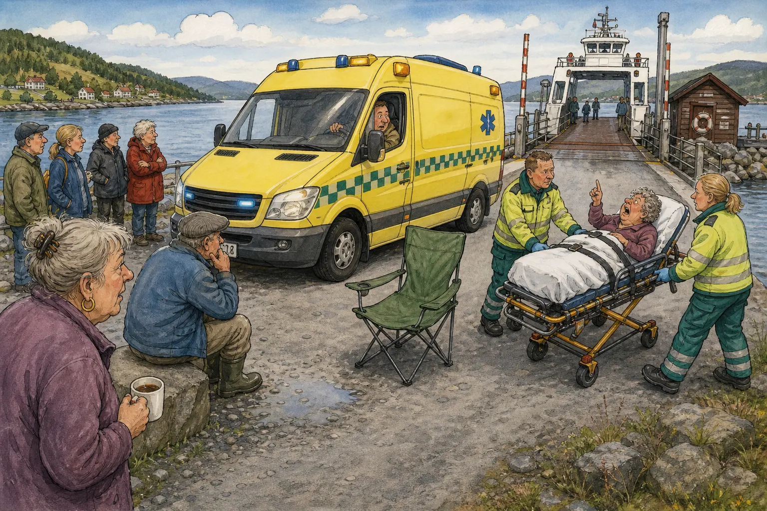 Tegnet støttemotiv til saken Ambulanse måtte rundt campingstol ved ferjeleiet: Bakomberg-ambulansen rykket ut til ferjeleiet etter melding om ei dame som var kraftig tydelig. Motivet knytter saken til Gunvor «Lånkelyd» Brennhaug, Bakomberg Varslingslag for Rykter og Riktig Rekkefølge og Kysseskiltet ved ferjeleiet.