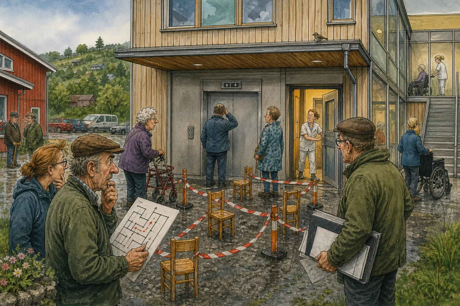Tegnet hovedmotiv til saken Ny etasje gir 2B-tvil: Den nye delen av helsebygget er endelig mer enn omvisning. Motivet knytter saken til Askel Humlebrekk, Gruslomma ved Nedre Bommen og Bakomberg Hagelag for Hardføre Planter og Såre Følelser.