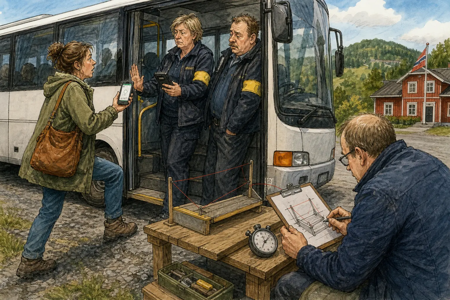 Tegnet hovedmotiv til saken Mobilbillett ga gebyr etter 43 sekund i bussdøra: Klagen etter billettkontroll på bygdebussen gjelder ett stigtrinn, en halvåpen app og spørsmålet om når en passasjer egentlig er om bord. Motivet knytter saken til Signe Brottveit, Snillstempelboden på Klinken og Bjarte Slåtten.