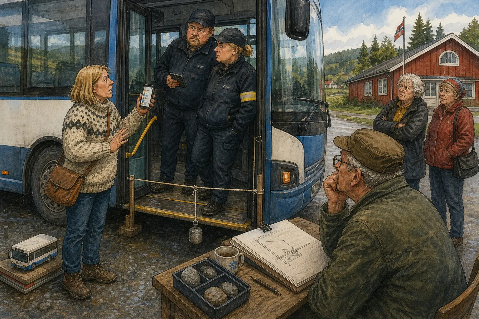Tegnet støttemotiv til saken Mobilbillett ga gebyr etter 43 sekund i bussdøra: Klagen etter billettkontroll på bygdebussen gjelder ett stigtrinn, en halvåpen app og spørsmålet om når en passasjer egentlig er om bord. Motivet knytter saken til Signe Brottveit, Snillstempelboden på Klinken og Bjarte Slåtten.