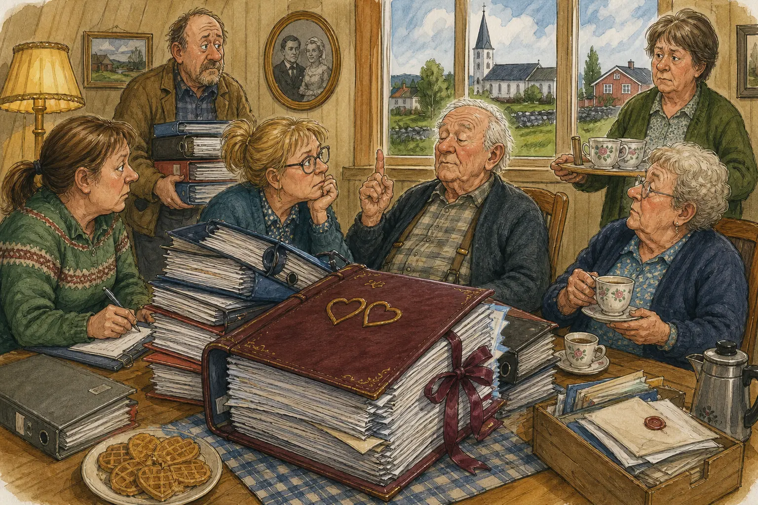Tegnet støttemotiv til saken 67 år gift: «Mord ja, men itte skilsmisse»: Da Sverre Sagsveen ble spurt om han noen gang hadde tenkt på skilsmisse i løpet av 67 års ekteskap, svarte han rolig: «I himmelens navn, nei. Motivet knytter saken til Skrattkomfyren Kafé & Middagsro, Bakomberg Hjelpekorps for Nestenulykker og Hjørdis Melby.