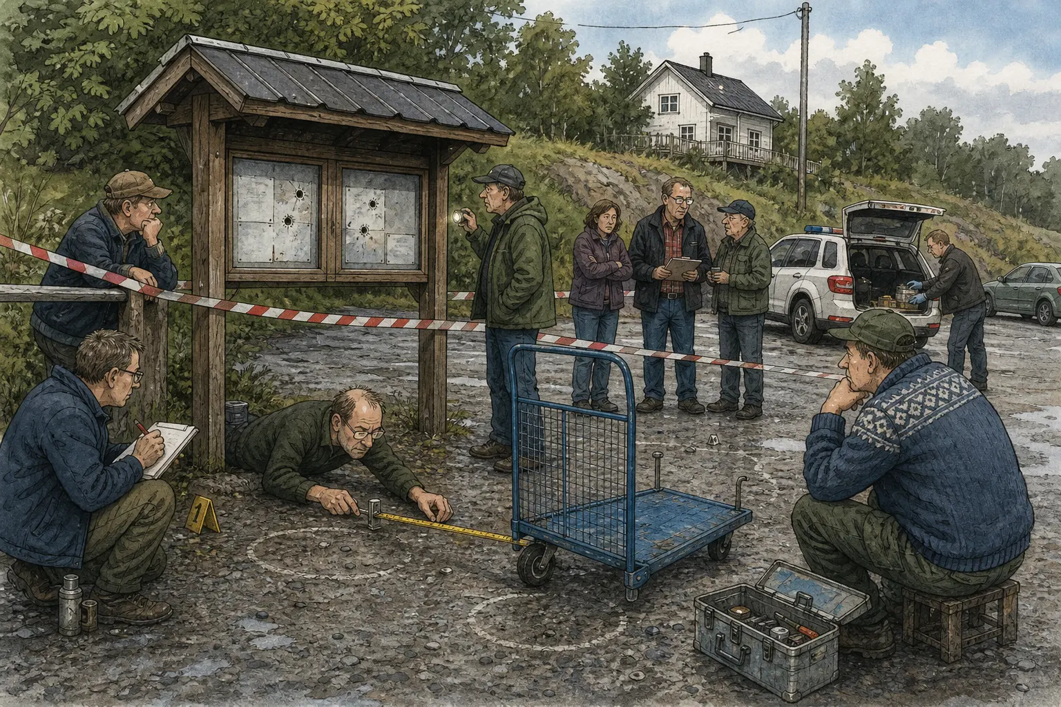 Tegnet hovedmotiv til saken Politiet løsna skudd ved Hjertesvingen: Politiet løsna natt til onsdag skudd mot en etterlyst mann på parkeringsplassen ved Hjertesvingen bak rutetavla. Motivet knytter saken til Bjarte Lunheim, Skuffefunn & Etterlatenskaper A/S og Aslak Vassmo.