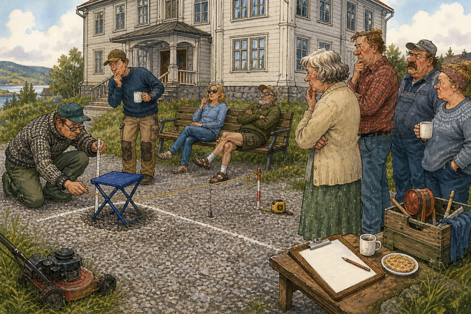 Tegnet hovedmotiv til saken Blå hagekrakk skaper sommermål bak Herredshuset: Den sammenleggbare hagekrakken står 1,74 meter fra ganglinja og synker 3,2 centimeter i grusen ved kaffekopp nummer to. Motivet knytter saken til Åsmund Klinke, Returbenken bak Herredshuset og Lauvvik Kvist & Kaffi.