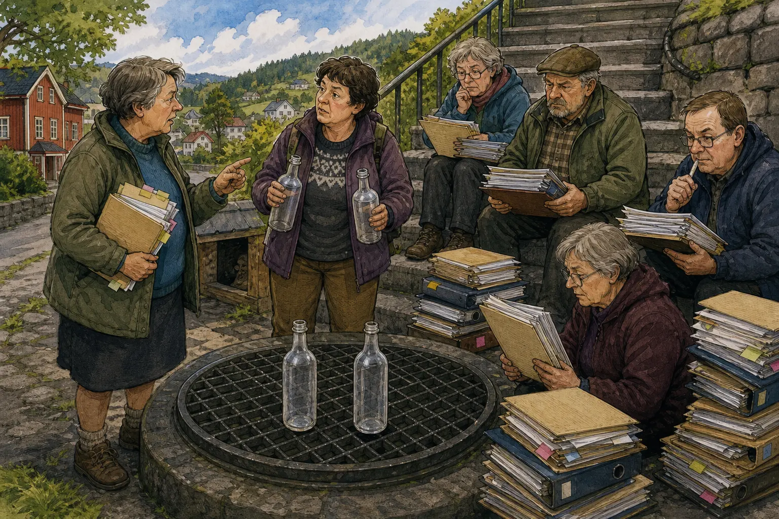 Tegnet hovedmotiv til saken To tomme flasker skapte avklaring ved Arkivtrappa: Da Ruth Kvamnes spurte hvorfor Ragna Kvilemoen gikk rundt ved Lufteluka ved Arkivtrappa med to tomme flasker, fikk hu et svar Bakomberg Velforening for Uvedkommende Saker mente måtte føres.