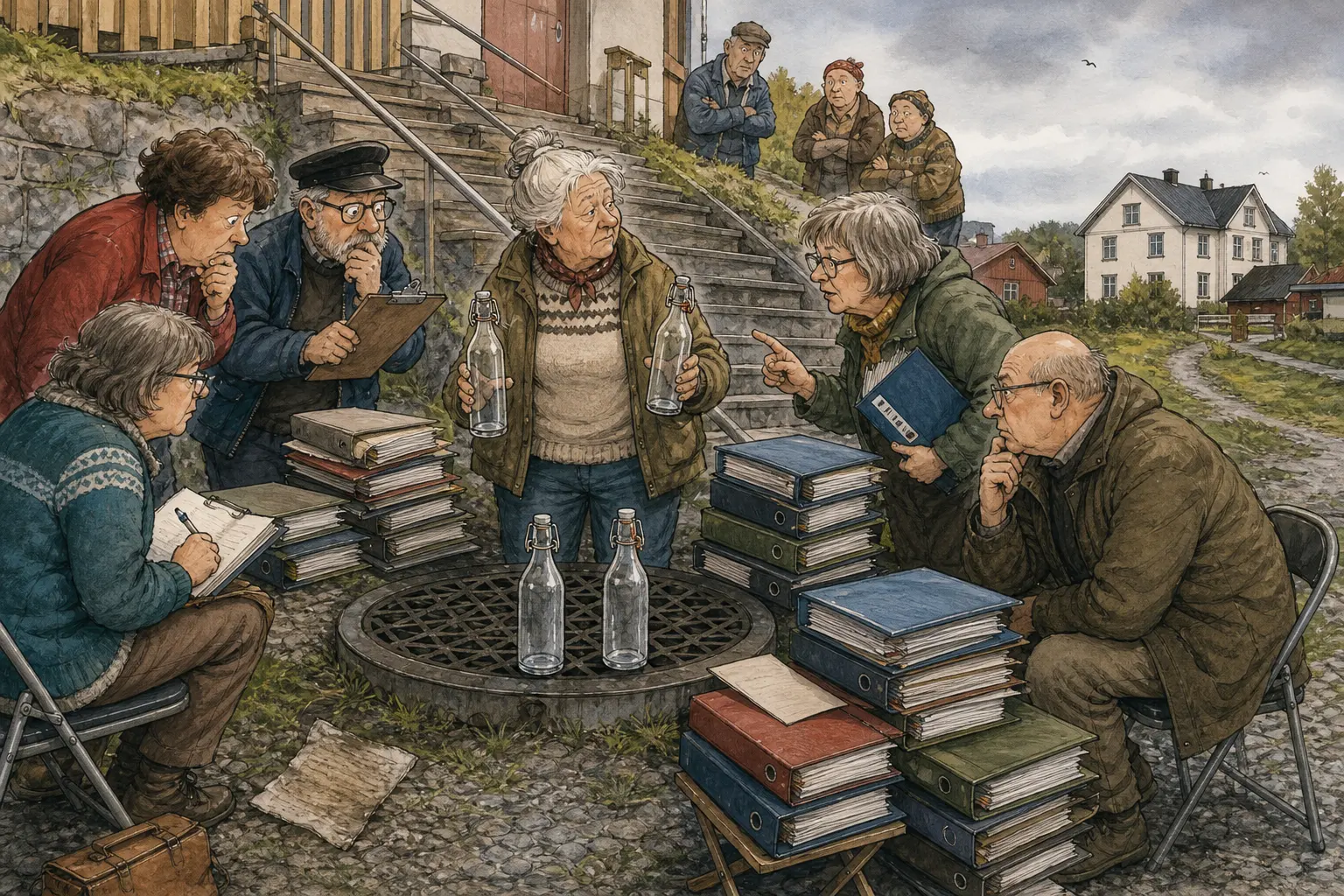 Tegnet støttemotiv til saken To tomme flasker skapte avklaring ved Arkivtrappa: Da Ruth Kvamnes spurte hvorfor Ragna Kvilemoen gikk rundt ved Lufteluka ved Arkivtrappa med to tomme flasker, fikk hu et svar Bakomberg Velforening for Uvedkommende Saker mente måtte føres.