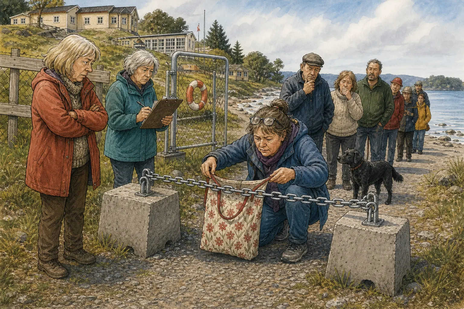 Tegnet hovedmotiv til saken Kjetting ved Møllevika skaper uro om åpen strand: Den gamle feriekolonien ved Møllevika skal etter planen bli privat behandlingssted, med fortsatt tilgang til stranda for bygdefolket. Motivet knytter saken til Speilvendt Suppebar & Nøkkelservice, Gudrun Kjelsvik og Bakomberg Sanitetslag for Milde Tilfeller.