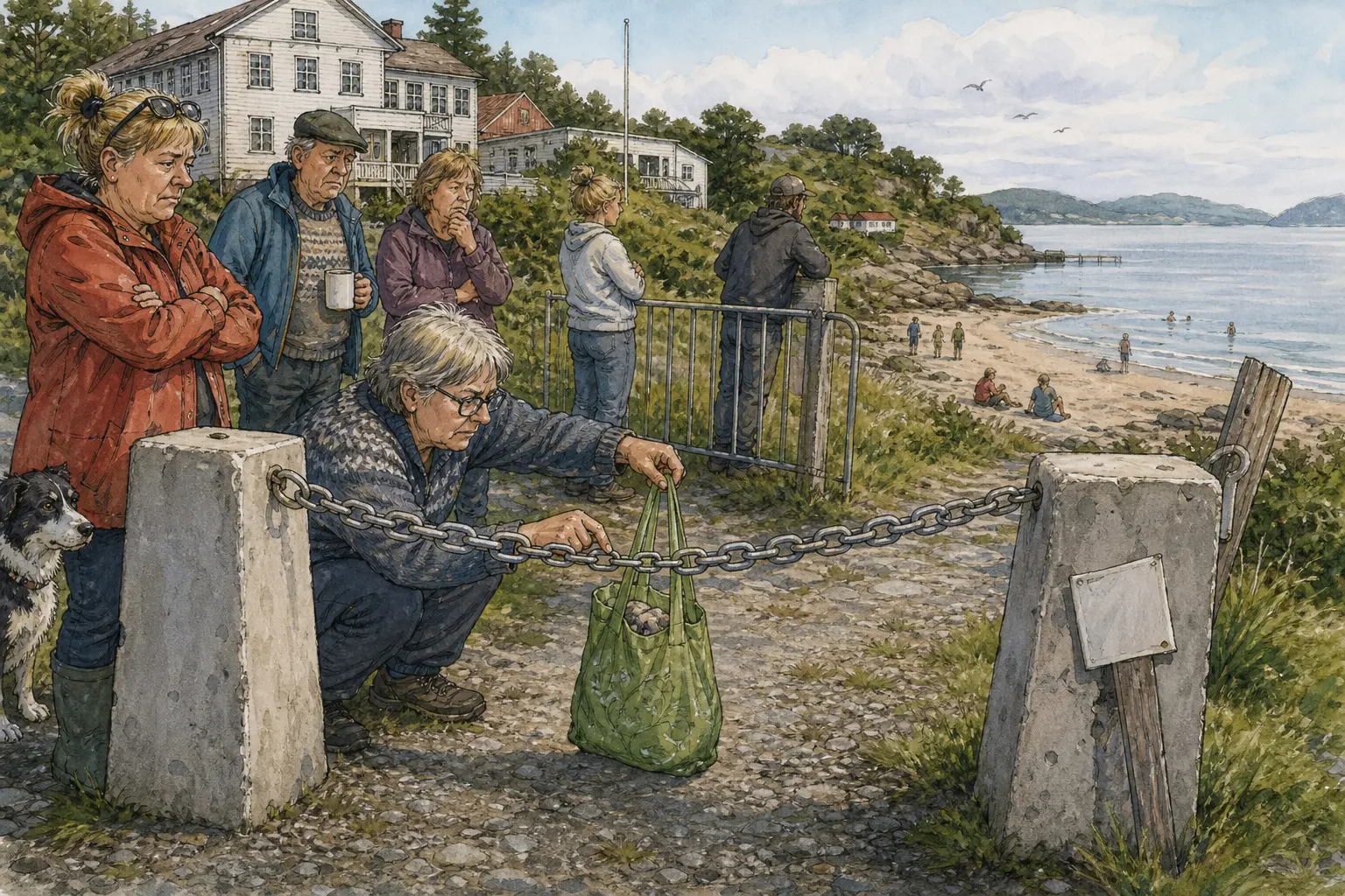 Tegnet støttemotiv til saken Kjetting ved Møllevika skaper uro om åpen strand: Den gamle feriekolonien ved Møllevika skal etter planen bli privat behandlingssted, med fortsatt tilgang til stranda for bygdefolket. Motivet knytter saken til Speilvendt Suppebar & Nøkkelservice, Gudrun Kjelsvik og Bakomberg Sanitetslag for Milde Tilfeller.