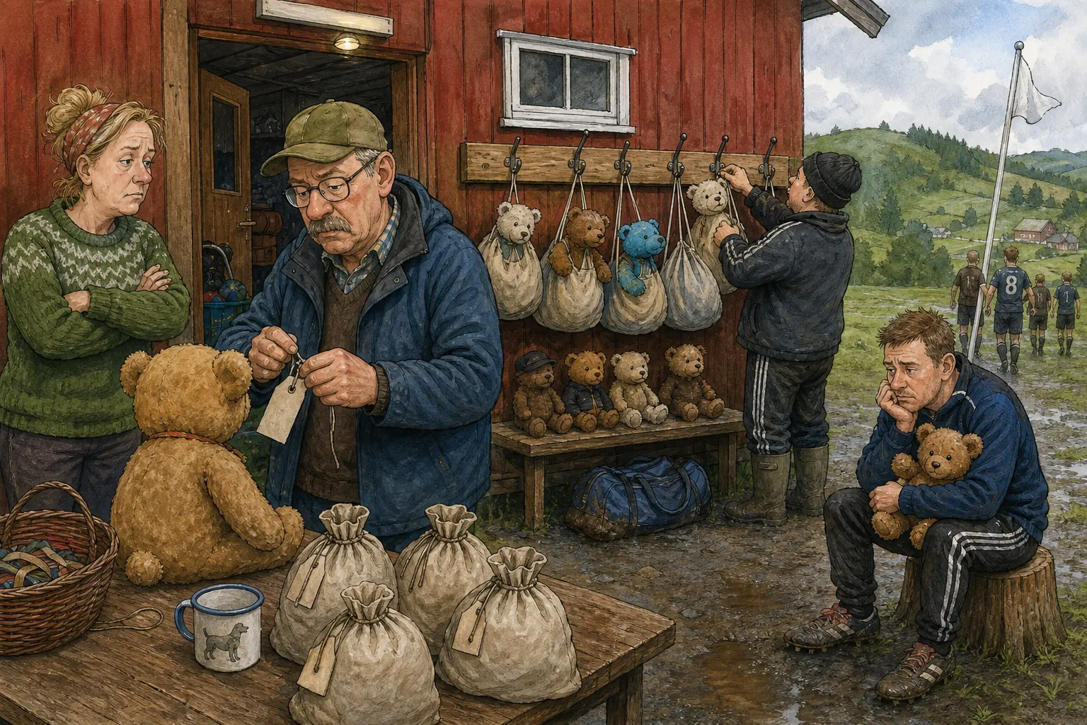 Tegnet støttemotiv til saken Kosebamse krever pose før neste bortetur: Etter uvanlig rolig frokost på Nattlokket ber materialforvalter Ragnvald Myrvang om merking av bamser over 18 år.