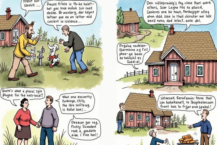 Illustrasjon til Almanakk og hendelse om Søndag 5. juli: Tralleføre, nøkkelvær og brunsaus i kantene: Bakomberg våknet til 17 grader, lett skydekke og den typen søndagsro som bare varer til noen setter en varetralle i Krittgangen.