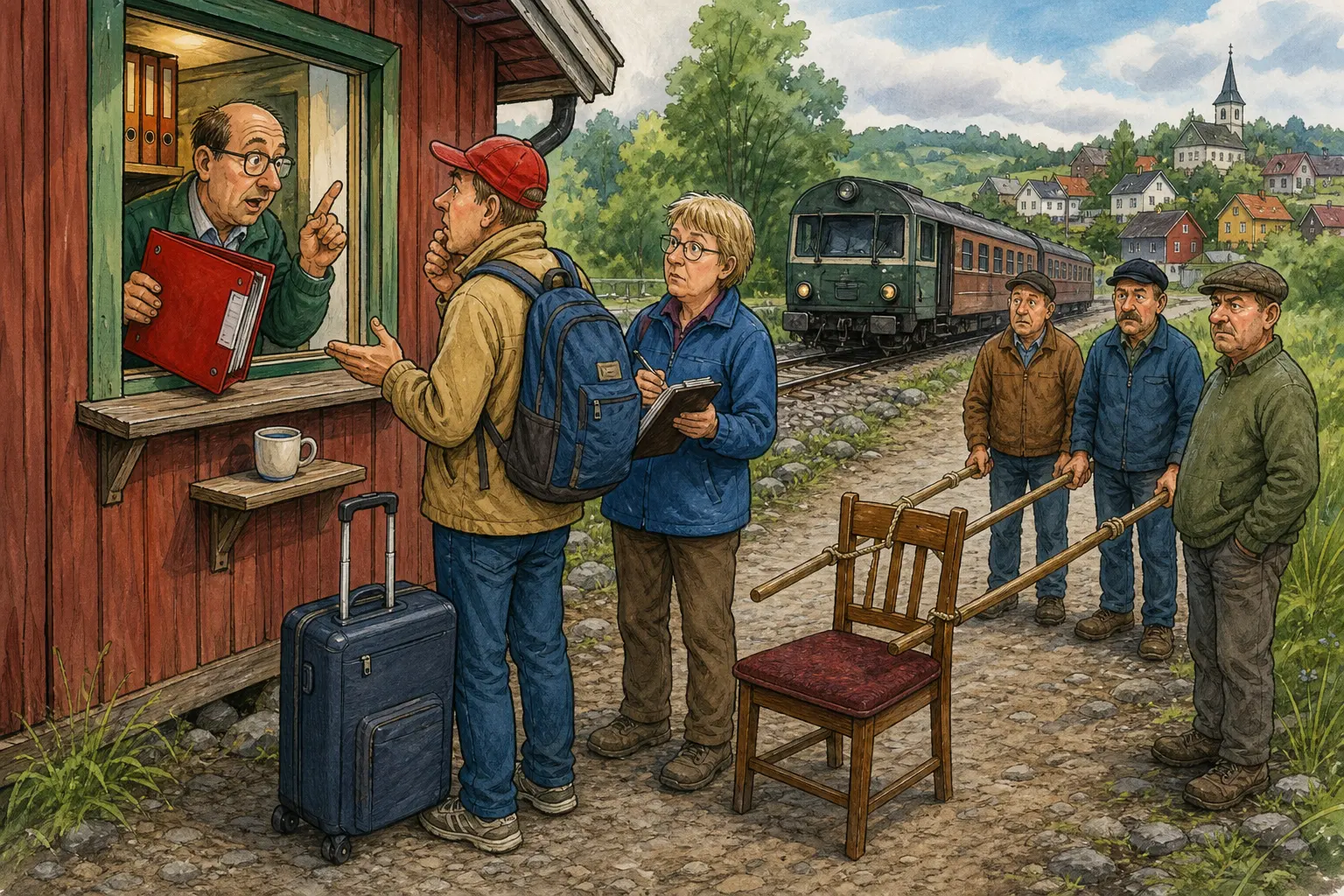 Tegnet hovedmotiv til saken Klageperm åpnet for stasjonsavstand: En amerikansk besøkende klaget på at jernbanestasjonen lå for langt fra sentrum. Motivet knytter saken til Ruth Kvamnes, Bjarte Slåtten og Bakomberg Hundelag for Korte Avstander.
