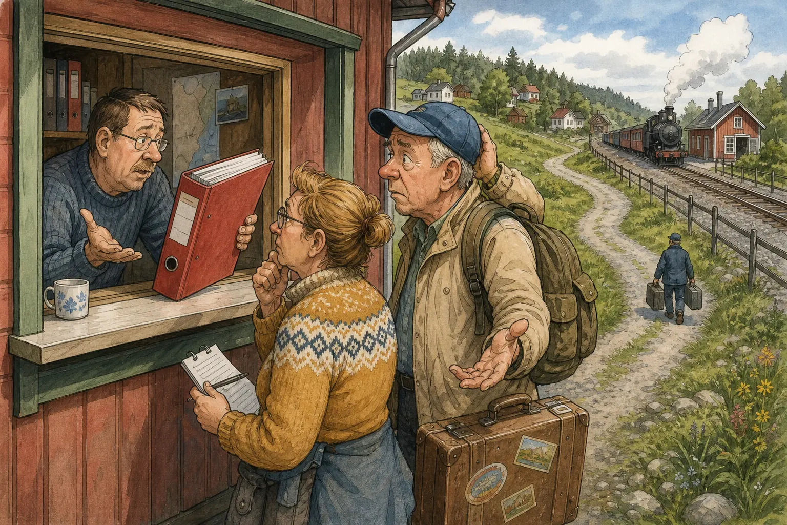 Tegnet støttemotiv til saken Klageperm åpnet for stasjonsavstand: En amerikansk besøkende klaget på at jernbanestasjonen lå for langt fra sentrum. Motivet knytter saken til Ruth Kvamnes, Bjarte Slåtten og Bakomberg Hundelag for Korte Avstander.