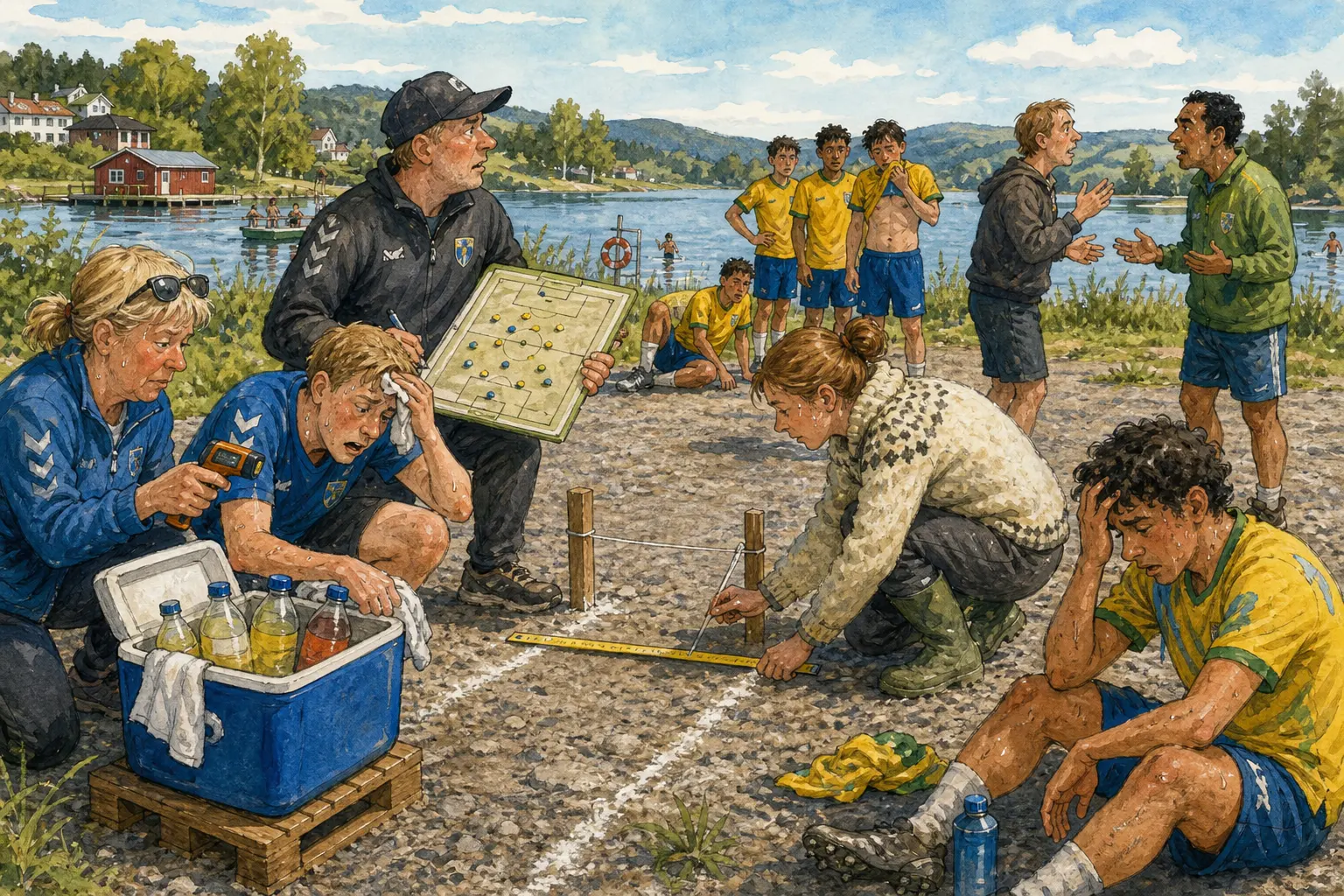 Tegnet støttemotiv til saken Flytta treninga 2,7 meter i varmen: Bakomberg-lagets trening ved Gruslomma ved Nedre Bommen fikk tre pauser, to forklaringer og én midlertidig sportslig justering mot nordvest.