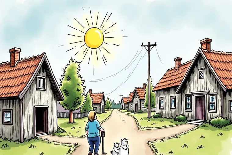 Illustrasjon til Almanakk og hendelse om Måndag 6. juli: Side 17 fekk sol, men ikkje fred: Bakomberg vakna til klarvær, måkeskrik frå ferjeleiet og den typen varme som får gamle teiprester til å sleppe taket før folk gjer det.