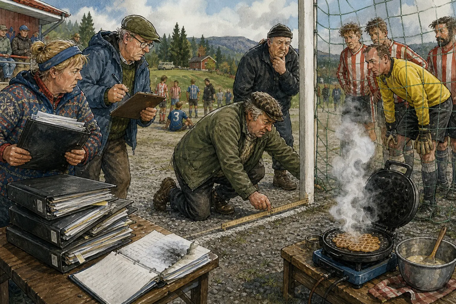 Tegnet hovedmotiv til saken Bakomberg videre etter 3–2 ved vaffeljernet: Bakomberg A-lag er videre etter 3–2. Motivet knytter saken til Oddvar «Klypa» Hamre, Solveig Pallesen og Lauvvik Kvist & Kaffi.