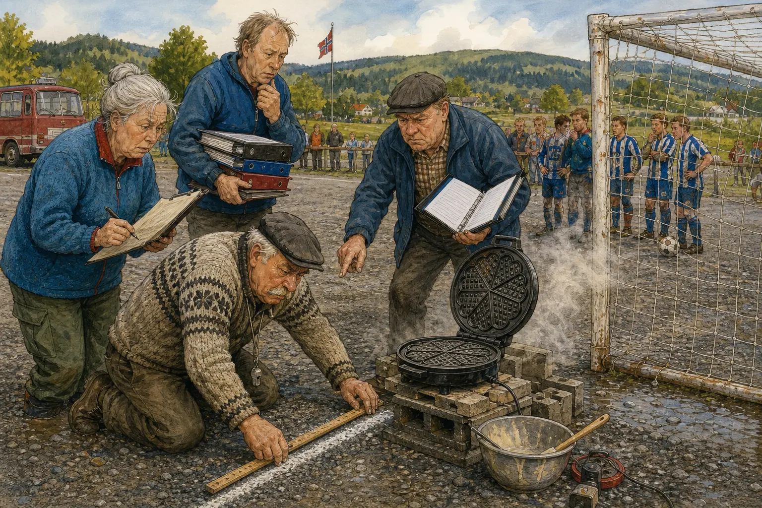 Tegnet støttemotiv til saken Bakomberg videre etter 3–2 ved vaffeljernet: Bakomberg A-lag er videre etter 3–2. Motivet knytter saken til Oddvar «Klypa» Hamre, Solveig Pallesen og Lauvvik Kvist & Kaffi.