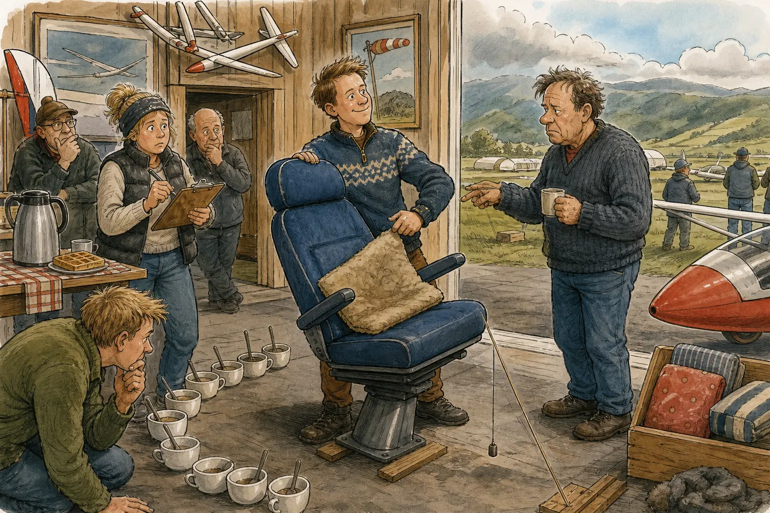 Tegnet hovedmotiv til saken Aslak tok over førarsetet med egen pute: Ludvik Bremnes kaller vervet «verdens beste jobb», sjøl om førarsetestolen siger 1,7 grader og Ludvik Bremnes mener puta bør ligge som før.