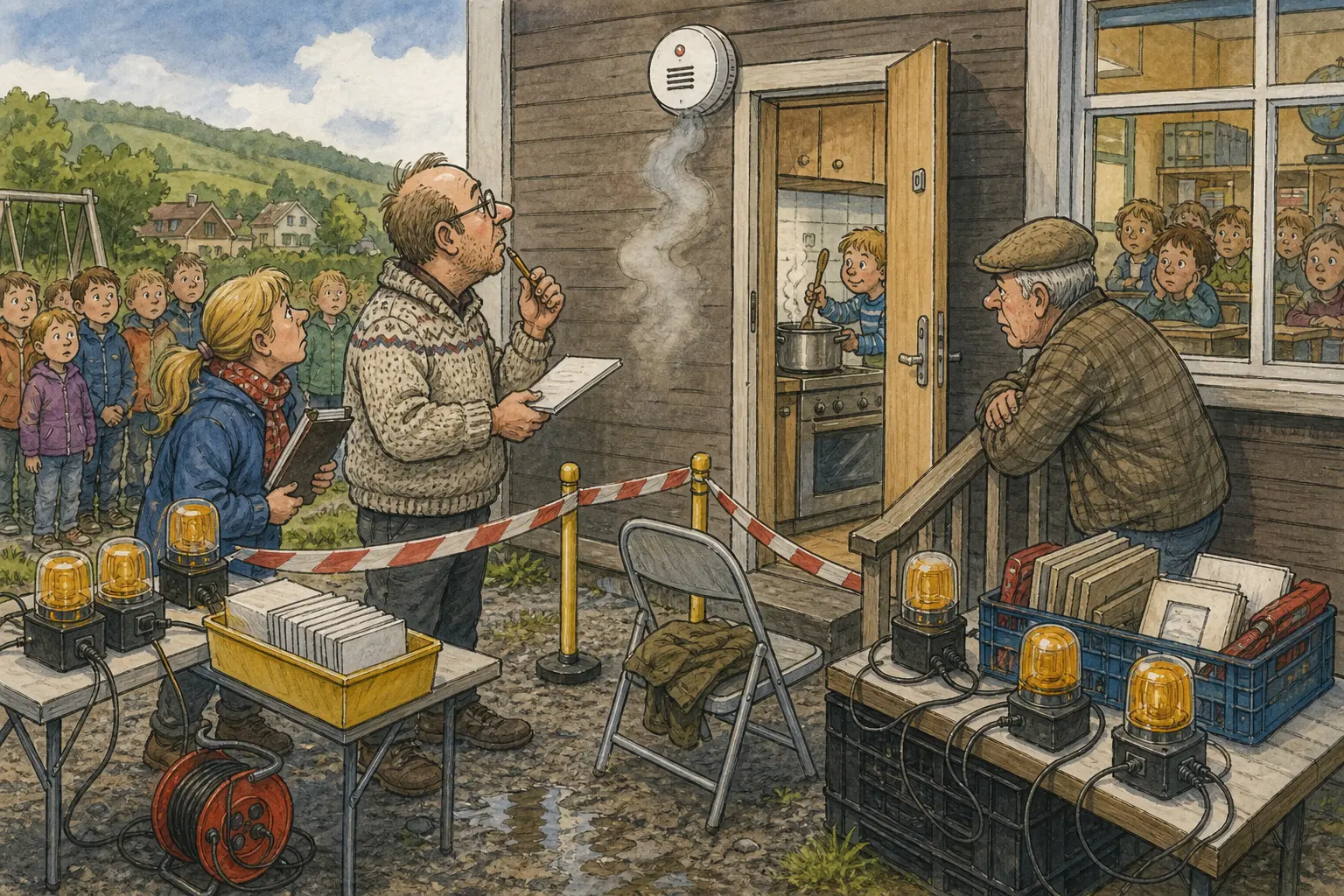 Tegnet hovedmotiv til saken Oscar meldte middag ved røykvarsleren: Røykvarsleren skulle vise klasse 2B hva som skjer ved brann. Motivet knytter saken til Ragnvald Myrvang, Bakomberg Velforening for Uvedkommende Saker og Tiril Klevstad.