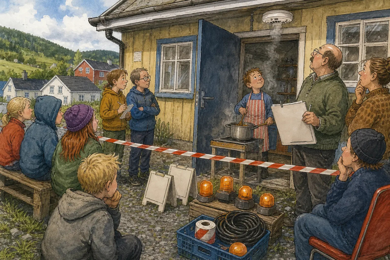 Tegnet støttemotiv til saken Oscar meldte middag ved røykvarsleren: Røykvarsleren skulle vise klasse 2B hva som skjer ved brann. Motivet knytter saken til Ragnvald Myrvang, Bakomberg Velforening for Uvedkommende Saker og Tiril Klevstad.