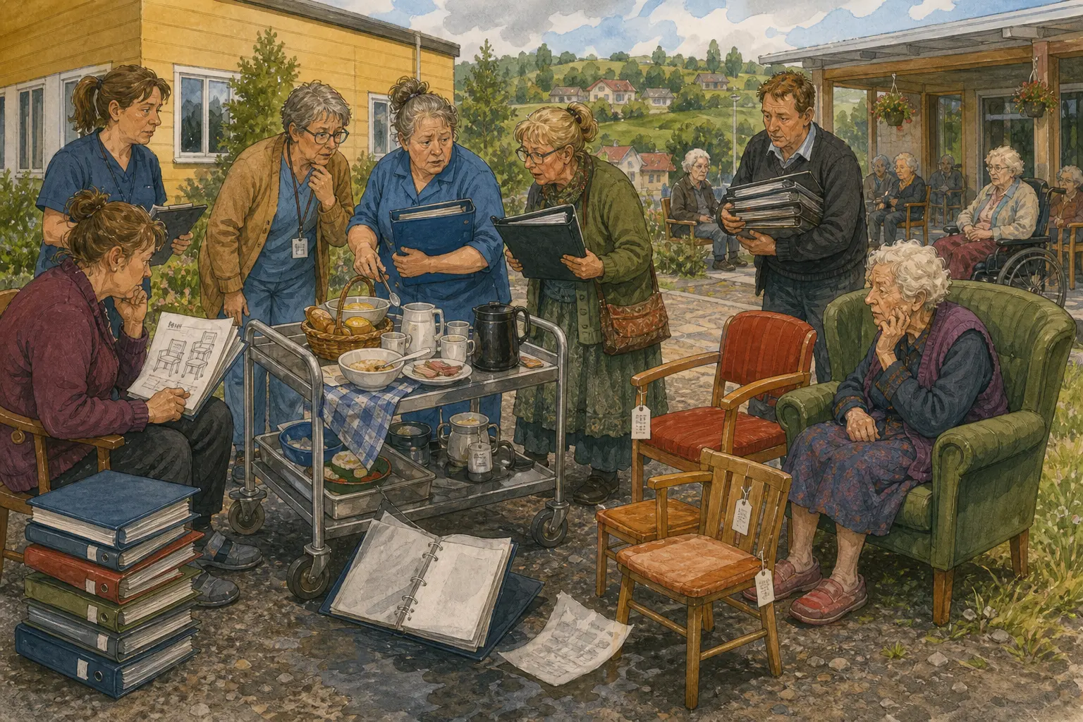 Tegnet hovedmotiv til saken Frokosttralla satte tempo for ny omsorgspraksis: Klokka 08.17 startet avdeling Solsida en forsiktig gjennomgang av hvordan beboerne blir møtt som enkeltfolk i hverdagen. Motivet knytter saken til Gunvor «Lånkelyd» Brennhaug og Hjørdis Melby.