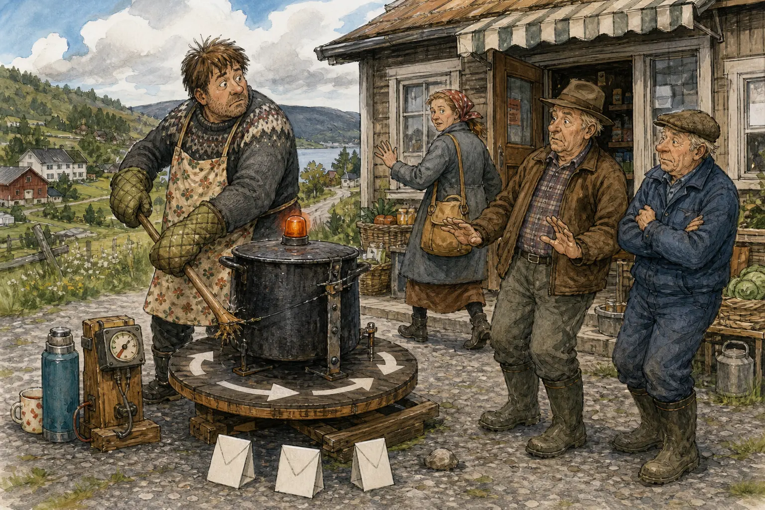 Tegnet hovedmotiv til saken Grautgryta gikk i roterende beredskap: Fire timer heimedrift ga tom kokvask, overarbeidd surdeig og to naboer som helst ikke ville ha ansvar for rømmegrautens konsistens. Motivet knytter saken til Tråsnæs Etterpasshandel, Returbenken bak Herredshuset og Bakomberg Hagelag for Hardføre Planter og Såre Følelser.