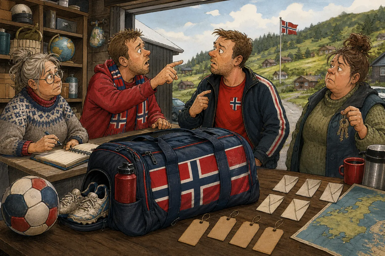 Tegnet hovedmotiv til saken Draktbagen klar etter Brasil-løftet: Et sportsløfte klokka 23.17 blei til flybilletter, felles bagasje og lavmælt uro ved disken på Kveldskvisten Lager & Nøkkelvakt.