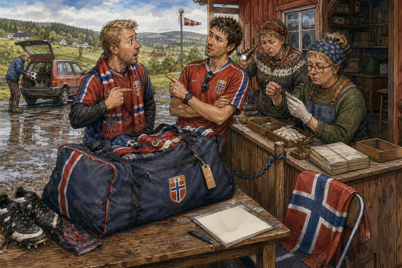 Tegnet støttemotiv til saken Draktbagen klar etter Brasil-løftet: Et sportsløfte klokka 23.17 blei til flybilletter, felles bagasje og lavmælt uro ved disken på Kveldskvisten Lager & Nøkkelvakt.