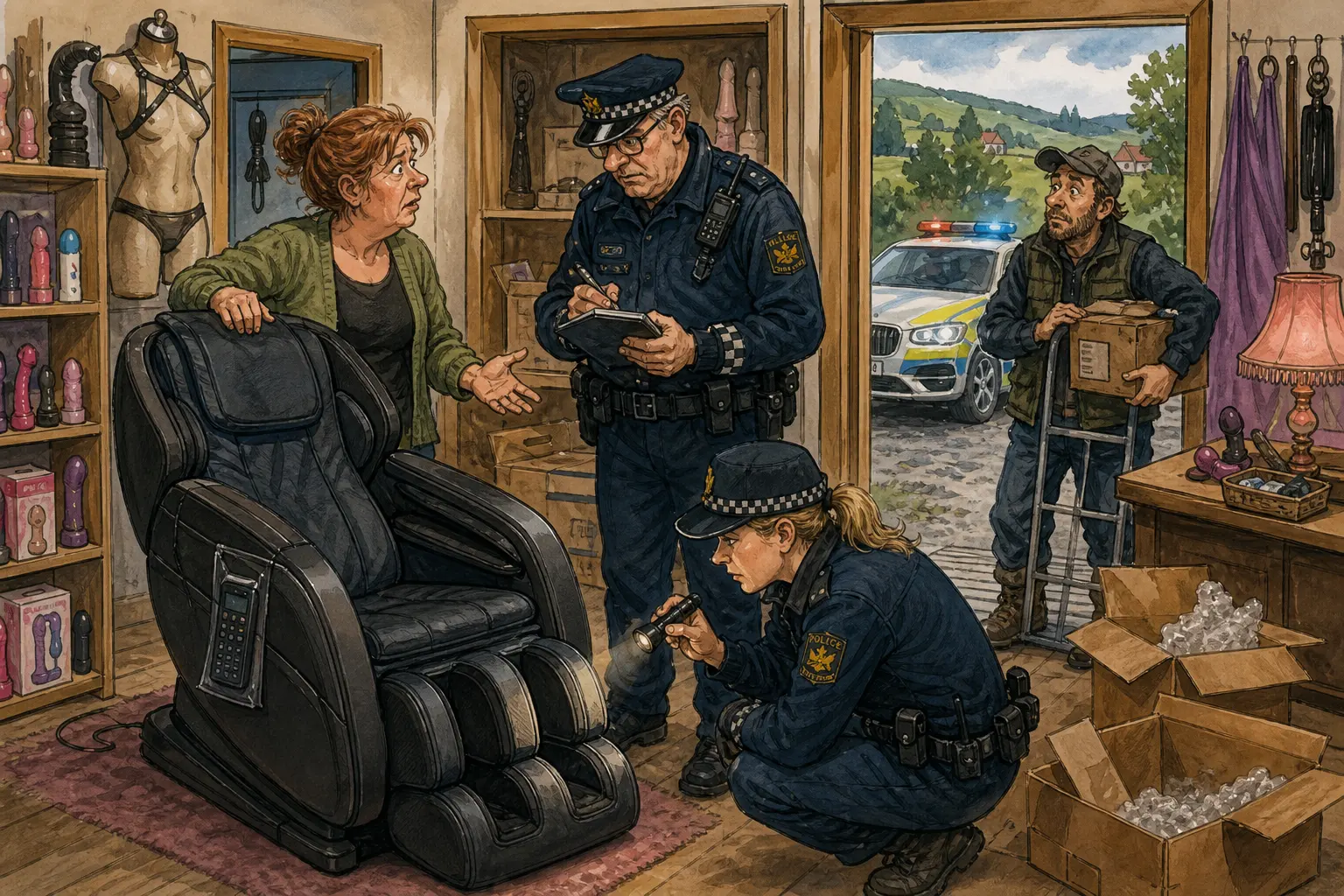Tegnet hovedmotiv til saken Massasjestol utløste polititur til intimbutikk: Politiet rykket tirsdag formiddag ut etter melding om uro ved vareleveringa hos intimbutikken. Motivet knytter saken til Rakel Stubbmoen og Bjarte Lunkevik.